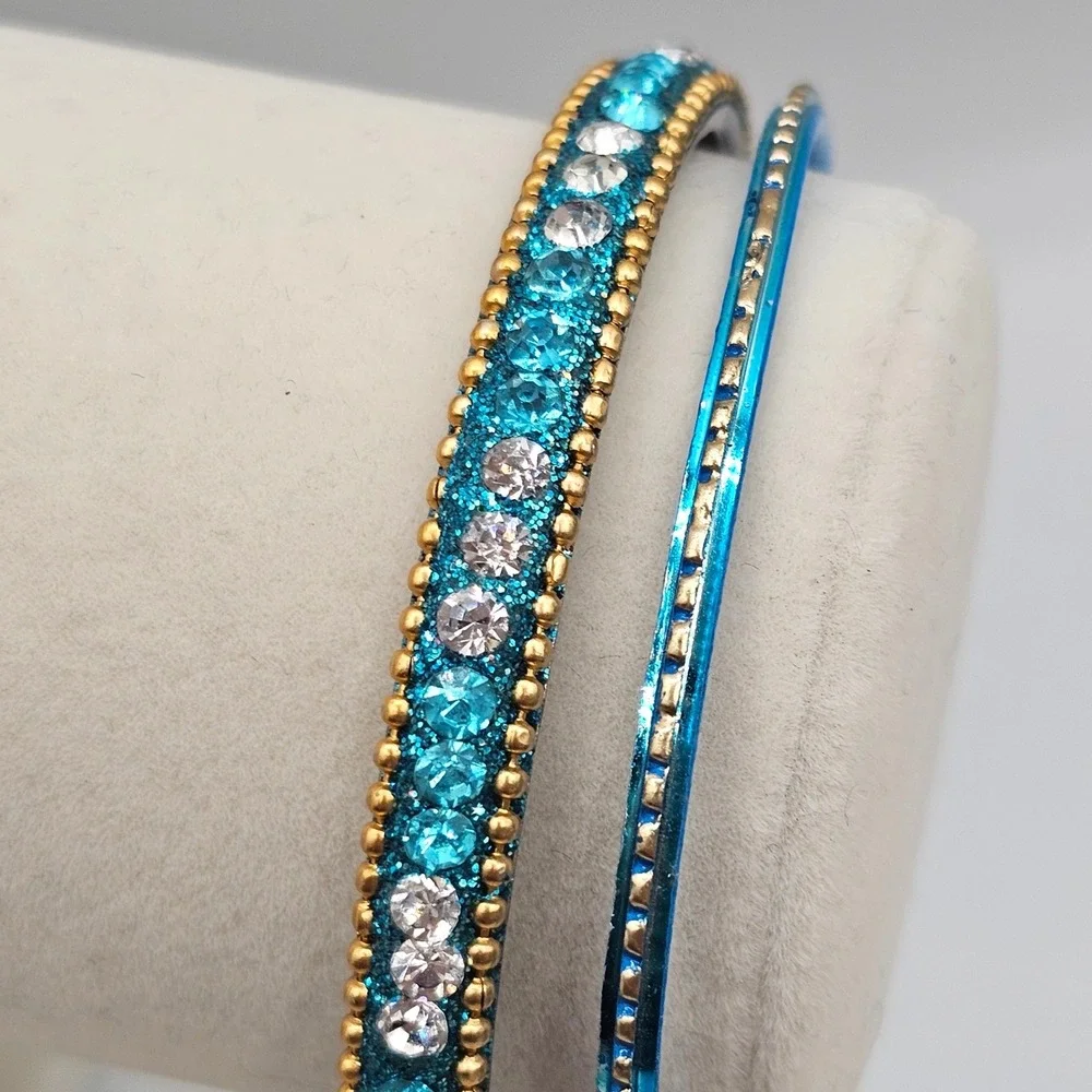 Rhinestone Bangle Bracelet + 1 Accent Bangle 2 Stackable Blue Teal Gold Tone